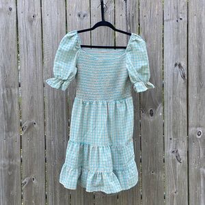 Blue and Tan Smocked Tiered Sundress with Puff Sleeves